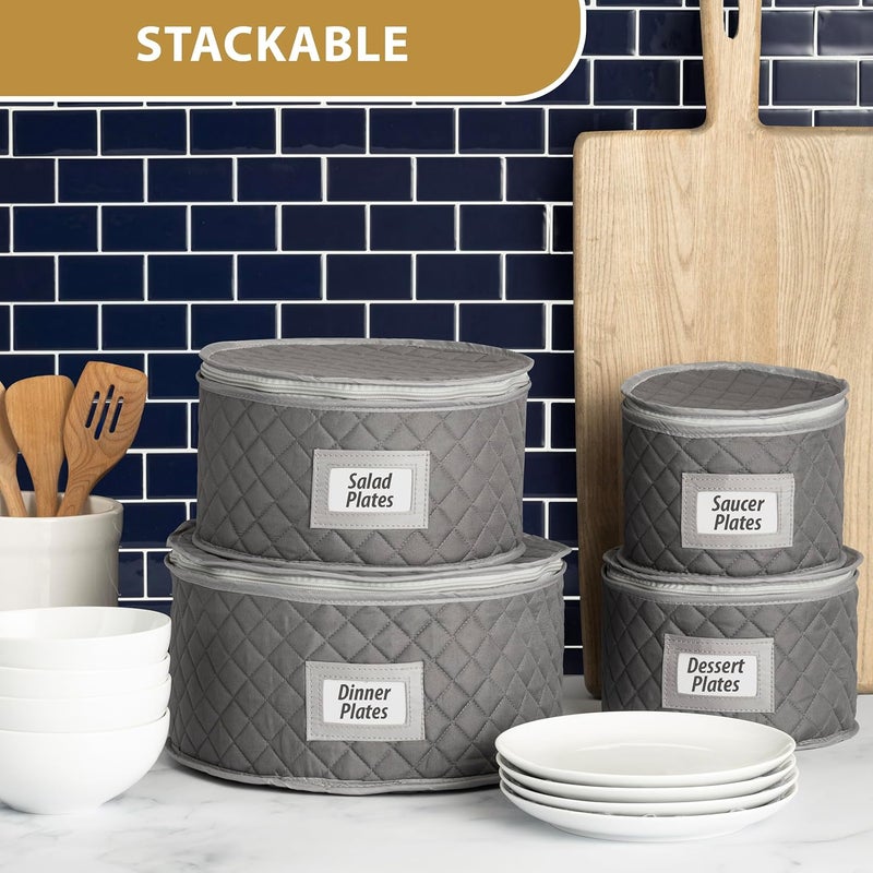 Stack Store Plus More China Storage Case - Saucer or Small Plate Quilted Case - 7" diameter x 6" height - Gray - Includes 12 Felt Separators -Stackable With Padded Interior - Great for Appetizer Plates - Image 5